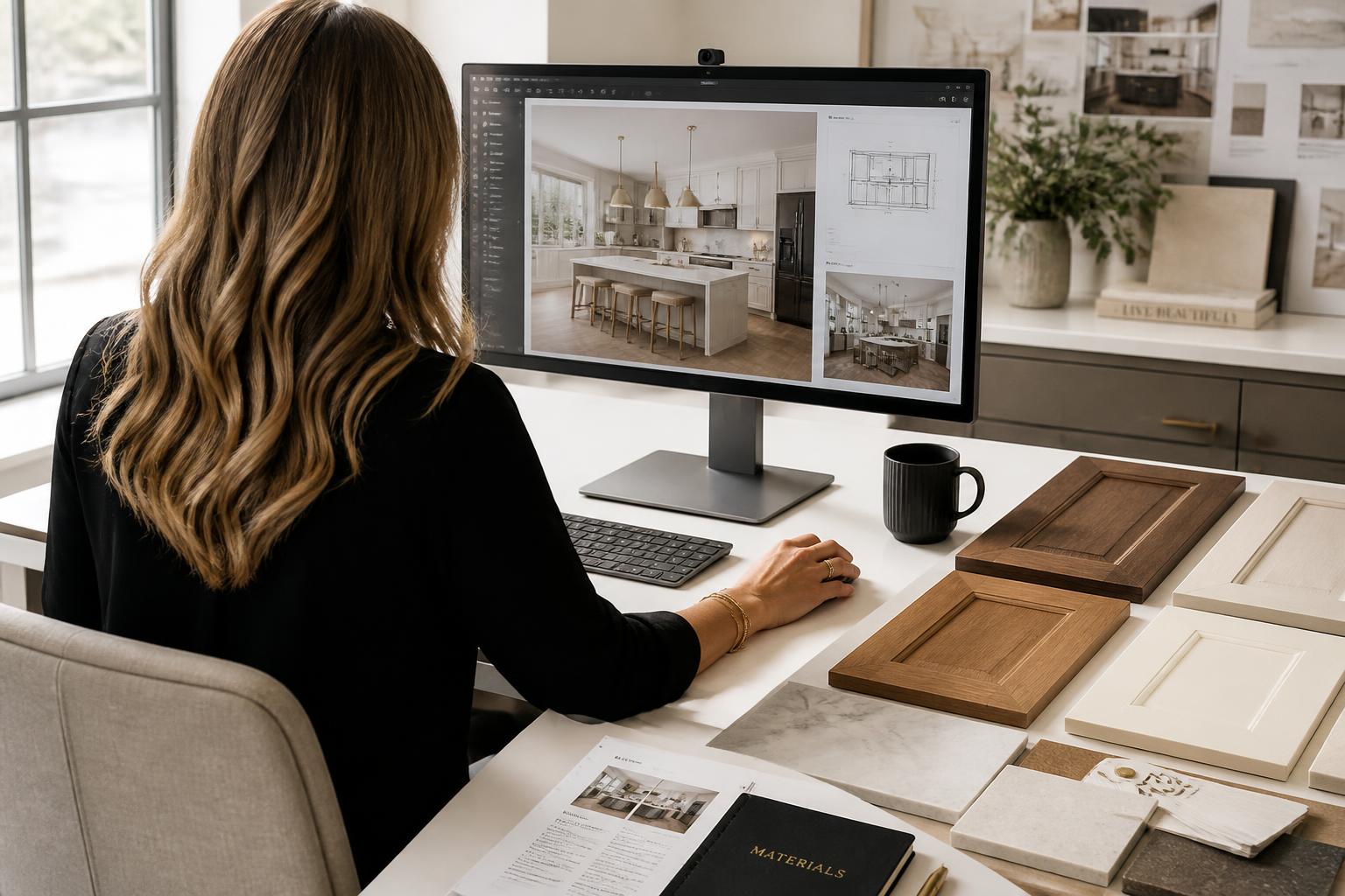 Kitchen designer workstation with cabinet samples and floor plans